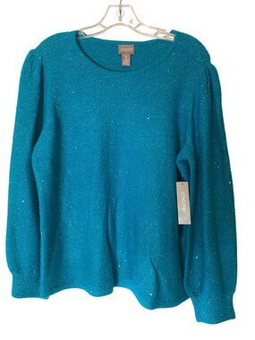 NWT Chicos Size 2 Sparkle Teal Puff Sleeve Pullover Sweater Large
